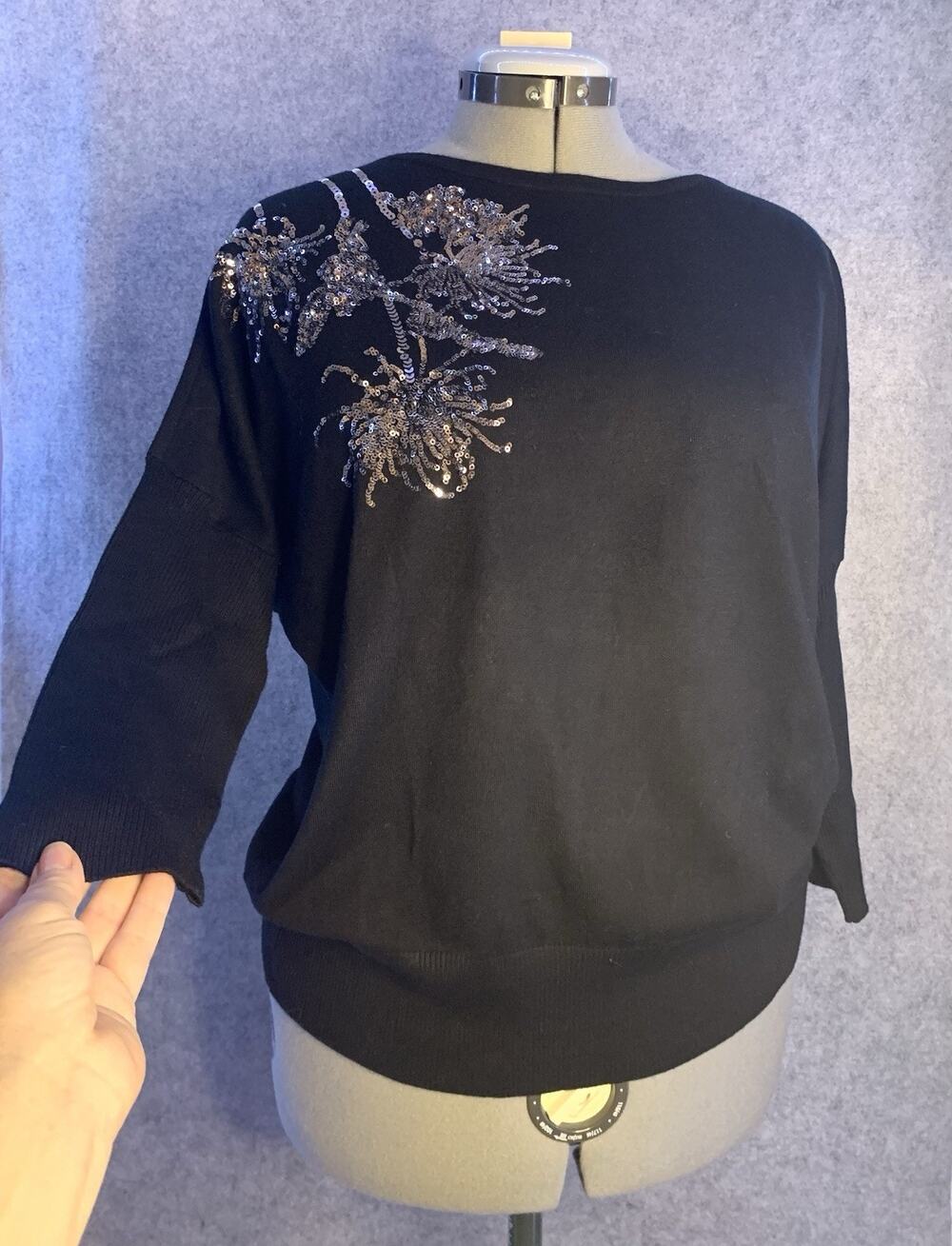Alfani Sequin Embellished Black Dolman Sleeve Sweater, Women’s PL Holiday Chic